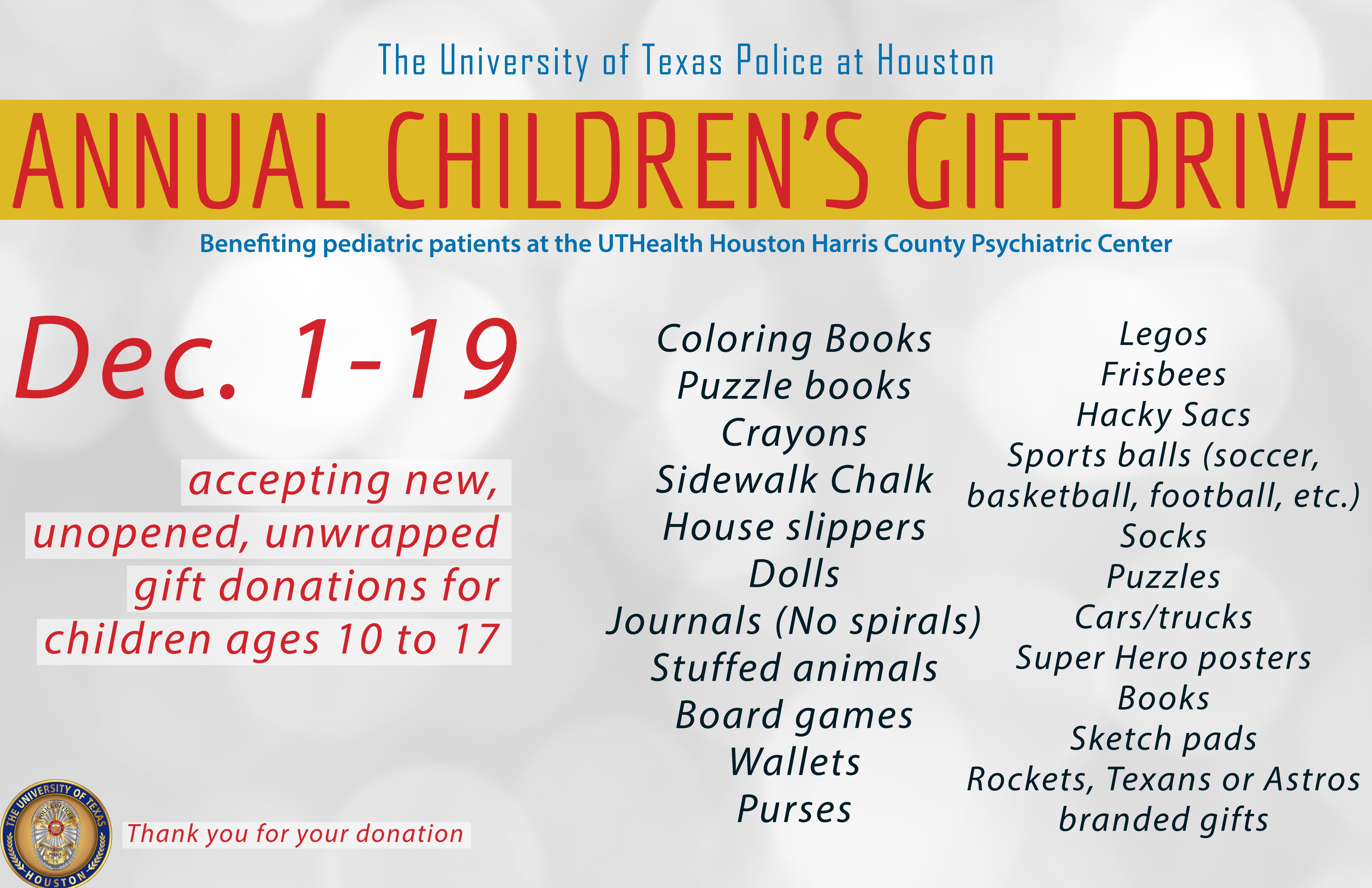 The University of Texas Police at Houston Annual Children’s Gift Drive Benefits Pediatric Patients