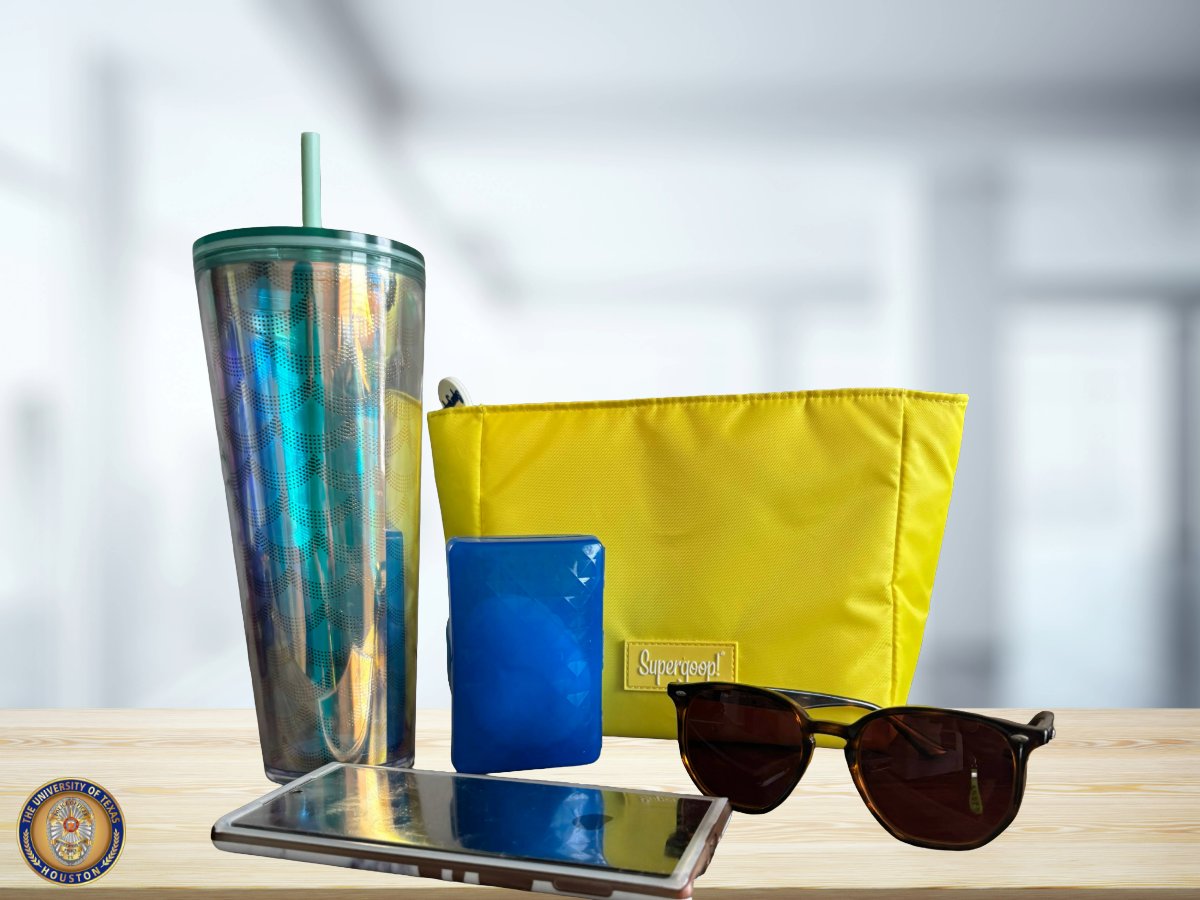 Found property pictured in office space including mobile phone, sunglasses, blue soap dish, yellow make up bag and green tumbler with straw