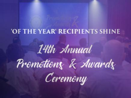Of the Year Recipients Shine: 14th Annual Promotions and Awards Ceremony with opaque photo of people