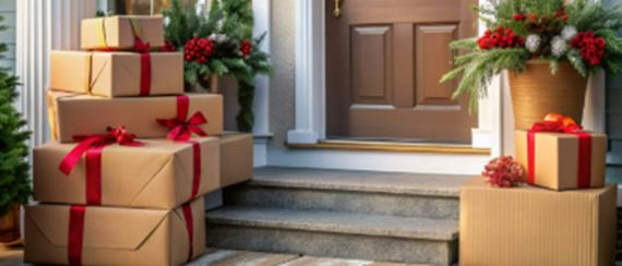 Outdoor view of holiday decorated front door and porch with 7 isolated stacked packages.