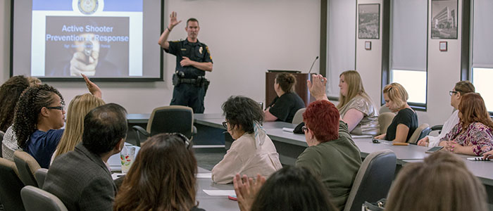 Sergeant Wisneski instructing Active Shooter class for UTHealth employees